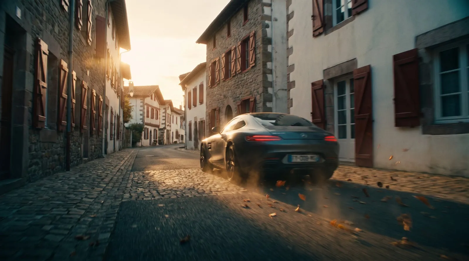 GT traversant une rue de village basque au couchant